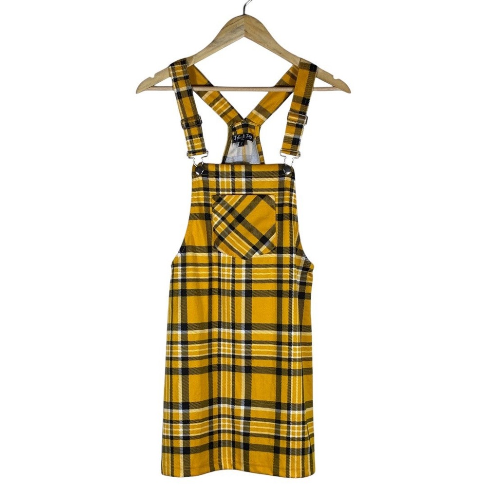 Jolie & Joy Plaid Pinafore Overall Dress Yellow Black 90s Clueless Style Size S